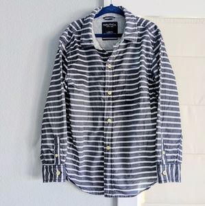 ⭐ Nautica Button Front Shirt Boy's Gray Stripes Large 7⭐